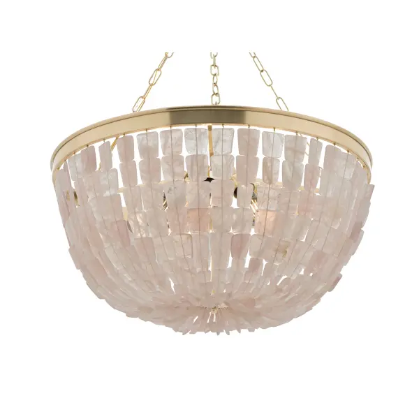The Flotsam 8-Light Pendant combines warm brass with organic pink quartz gemstones for a luxurious, nature-inspired statement. Its substantial 33.5-inch width and artisanal design make it perfect for grand dining rooms and upscale commercial spaces. - alternate view