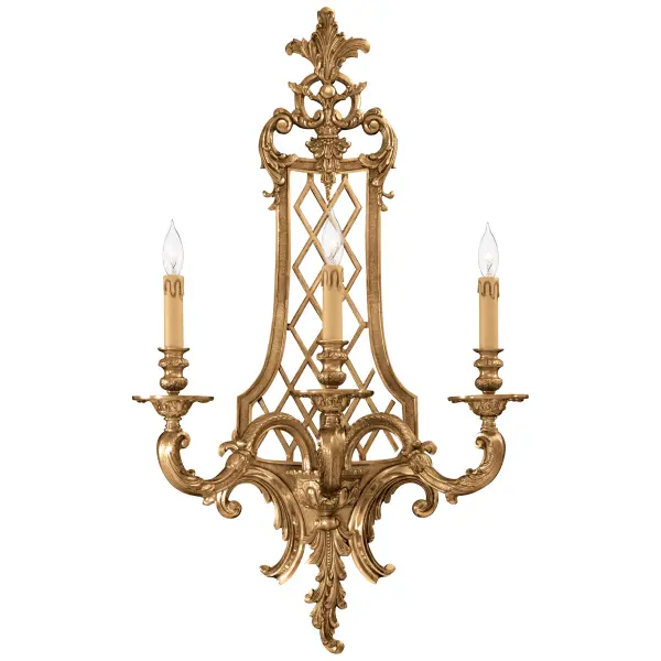 This substantial 3-light wall sconce showcases authentic Lost Wax casting craftsmanship from Italy. The Renaissance Gold finish on solid brass creates a luxurious statement piece perfect for grand entryways and formal spaces.