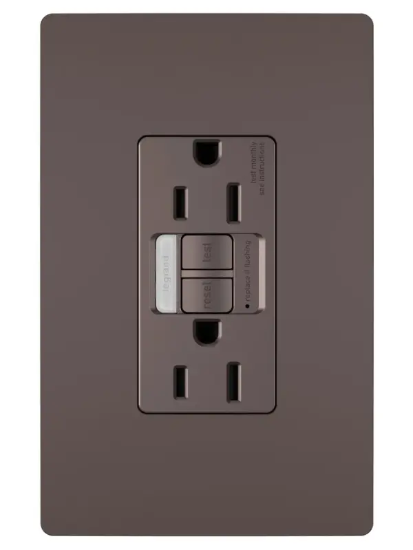 Ideal for replacing outlets by kitchen or bathroom sinks, this combination device from the radiant Collection includes a tamper-resistant GFCI outlet paired with a sealed, built-in LED light which automatically turns on in the dark for easier nighttime navigation. Designed for safety, this self-testing GFCI outlet complies with National Electrical Code and makes trips easier to recognize and fix than GFCI breaker alternatives, thanks to an indicator light and accessible reset button right on the outlet. Made exclusively for use with screwless Wall Plates from the radiant Collection, sold separately. Collection: radiant Finish: Dark Bronze Width: 1.73" Height: 4.20" Length: 1.03" Weight: 0.34 lb Country of Origin: China