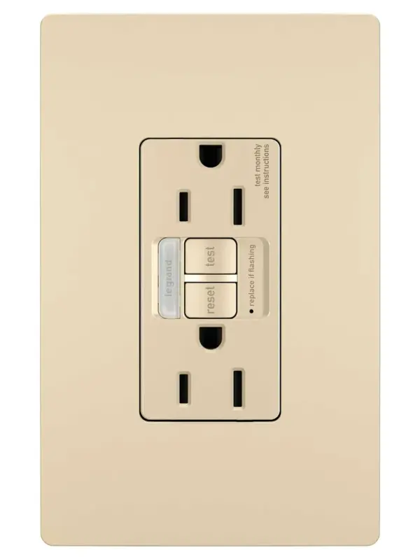 Ideal for replacing outlets by kitchen or bathroom sinks, this combination device from the radiant Collection includes a tamper-resistant GFCI outlet paired with a sealed, built-in LED light which automatically turns on in the dark for easier nighttime navigation. Designed for safety, this self-testing GFCI outlet complies with National Electrical Code and makes trips easier to recognize and fix than GFCI breaker alternatives, thanks to an indicator light and accessible reset button right on the outlet. Made exclusively for use with screwless Wall Plates from the radiant Collection, sold separately. Collection: radiant Finish: Ivory Width: 1.73" Height: 4.20" Length: 1.03" Weight: 0.25 lb Country of Origin: China