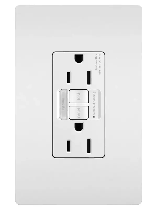 Ideal for replacing outlets by kitchen or bathroom sinks, this combination device from the radiant Collection includes a tamper-resistant GFCI outlet paired with a sealed, built-in LED light which automatically turns on in the dark for easier nighttime navigation. Designed for safety, this self-testing GFCI outlet complies with National Electrical Code and makes trips easier to recognize and fix than GFCI breaker alternatives, thanks to an indicator light and accessible reset button right on the outlet. Made exclusively for use with screwless Wall Plates from the radiant Collection, sold separately. Collection: radiant Finish: White Width: 1.73" Height: 4.20" Length: 1.03" Weight: 0.25 lb Country of Origin: China