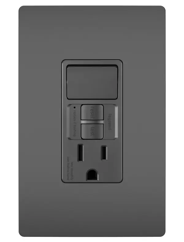 A step up from ordinary, this combination device features a compact switch with a tamper-resistant GFCI outlet. Ideal for use with vents in kitchens and baths, the code-compliant outlet self-tests automatically every three seconds to ensure reliable protection ground fault occurrences, and makes it easier to recognize and fix trips right where they happen €" no more confusion at the breaker box. Part of the radiant Collection, it also features sleek, clean lines for a sophisticated look.Made exclusively for use with screwless Wall Plates from the radiant Collection, sold separately. Collection: radiant Finish: Black Width: 1.73" Height: 4.20" Length: 1.03" Weight: 0.27 lb Country of Origin: China