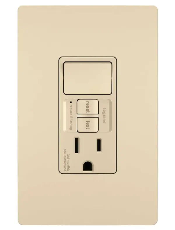 A step up from ordinary, this combination device features a compact switch with a tamper-resistant GFCI outlet. Ideal for use with vents in kitchens and baths, the code-compliant outlet self-tests automatically every three seconds to ensure reliable protection ground fault occurrences, and makes it easier to recognize and fix trips right where they happen €" no more confusion at the breaker box. Part of the radiant Collection, it also features sleek, clean lines for a sophisticated look.Made exclusively for use with screwless Wall Plates from the radiant Collection, sold separately. Collection: radiant Finish: Ivory Width: 1.73" Height: 4.20" Length: 1.03" Weight: 0.27 lb Country of Origin: China