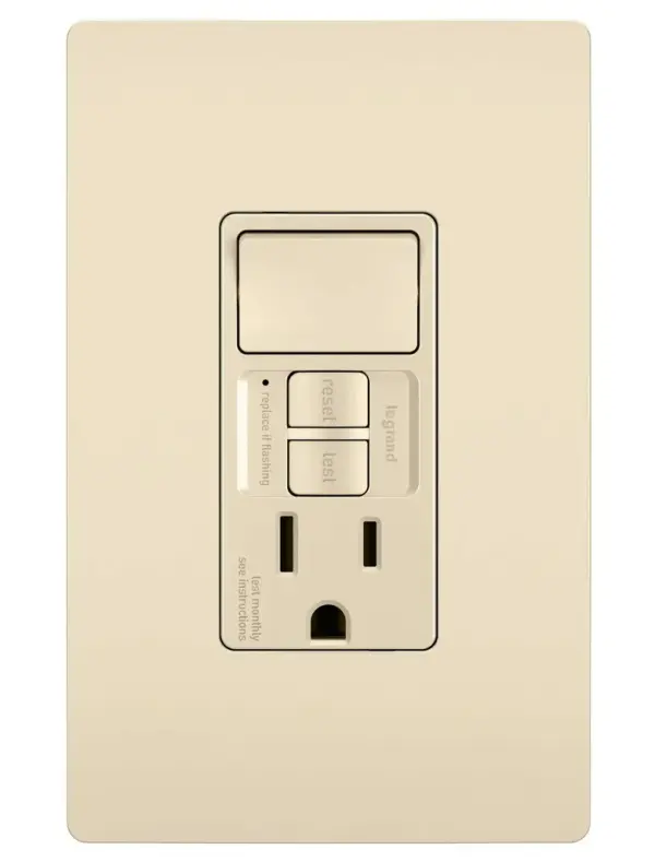 A step up from ordinary, this combination device features a compact switch with a tamper-resistant GFCI outlet. Ideal for use with vents in kitchens and baths, the code-compliant outlet self-tests automatically every three seconds to ensure reliable protection ground fault occurrences, and makes it easier to recognize and fix trips right where they happen €" no more confusion at the breaker box. Part of the radiant Collection, it also features sleek, clean lines for a sophisticated look.Made exclusively for use with screwless Wall Plates from the radiant Collection, sold separately. Collection: radiant Finish: Light Almond Width: 1.73" Height: 4.20" Length: 1.03" Weight: 0.27 lb Country of Origin: China