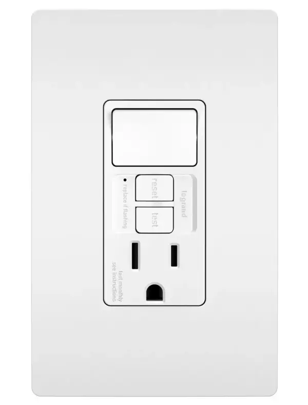 A step up from ordinary, this combination device features a compact switch with a tamper-resistant GFCI outlet. Ideal for use with vents in kitchens and baths, the code-compliant outlet self-tests automatically every three seconds to ensure reliable protection ground fault occurrences, and makes it easier to recognize and fix trips right where they happen €" no more confusion at the breaker box. Part of the radiant Collection, it also features sleek, clean lines for a sophisticated look.Made exclusively for use with screwless Wall Plates from the radiant Collection, sold separately. Collection: radiant Finish: White Width: 1.73" Height: 4.20" Length: 1.03" Weight: 0.27 lb Country of Origin: China