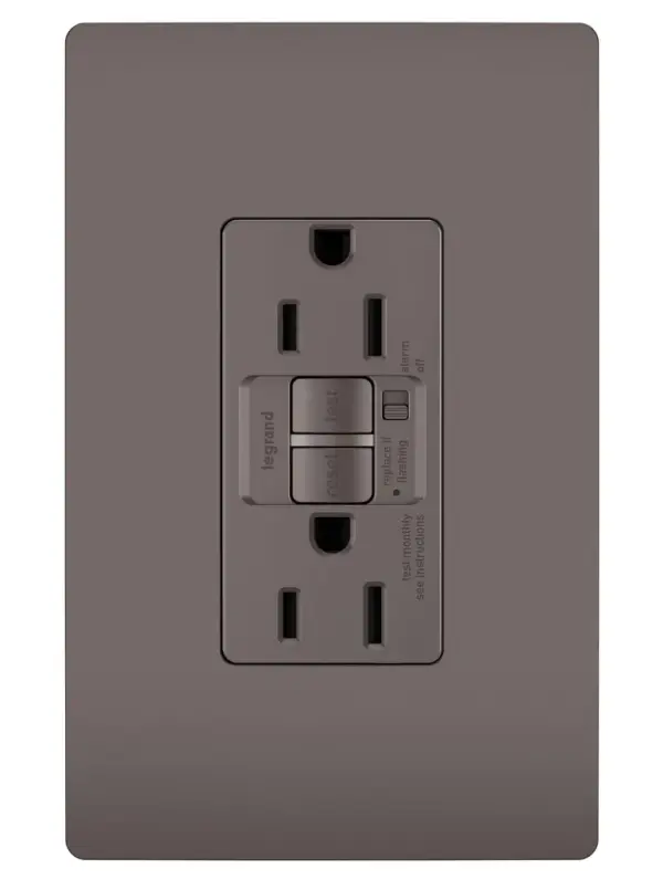 GFCI receptacles from the radiant Collection self-test automatically every three seconds to ensure reliable protection from shock due to ground fault occurrences. Meeting National Electrical Code requirements for ground fault protection, GFCI receptacles make it easier to recognize and fix trips right where they happen €" no more confusion at the breaker box. Maximize safety, in style, with GFCI protection featuring the sleek, clean lines of radiant.GFCI protection is required by code in bathrooms, kitchens, garages, basements, outdoor areas, and for any other outlets found within six feet of a sink or water source. GFCI outlets should always be used when replacing existing GFCI outlets during renovation.Made exclusively for use with screwless Wall Plates from the radiant Collection, sold separately. Spec-Grade devices are engineered to meet federal specifications for use in commercial installations. Collection: radiant Finish: Brown Width: 1.73" Height: 4.20" Length: 1.13" Weight: 0.25 lb Country of Origin: China