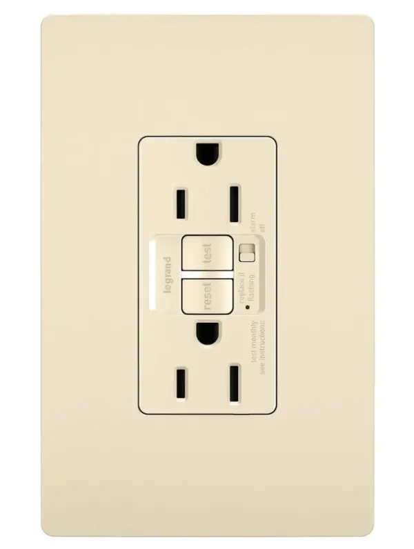 GFCI outlets from the radiant Collection self-test automatically every three seconds to ensure reliable protection from shock due to ground fault occurrences. Meeting National Electrical Code for ground fault protection in the home, GFCI outlets make it easier to fix trips right where they happen €" no more confusion or running to the breaker box. This model includes an optional audible alarm, so trips never go unnoticed, and is great for appliances where loss of power could cause damage, such as freezers and sump pumps. Maximize safety, in style, with GFCI protection featuring the sleek, clean lines of radiant.GFCI protection is required by code in bathrooms, kitchens, garages, basements, outdoor areas, and for any other outlets found within six feet of a sink or water source. GFCI outlets should always be used when replacing existing GFCI outlets during renovation.Made exclusively for use with screwless Wall Plates from the radiant Collection, sold separately. Collection: radiant Finish: Light Almond Width: 1.73" Height: 4.20" Length: 1.03" Weight: 0.25 lb Country of Origin: China