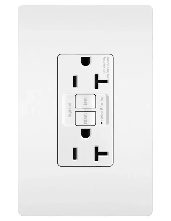 Specifically designed for use with large and/or stationary appliances like refrigerators, dishwashers and washing machines, this GFCI outlet provides dedicated power and superior ground-fault protection while also limiting the nuisance tripping often caused by variable motor drives. Like all GFCI electrical outlets and plugs from the radiant Collection, this device self-tests every three seconds for reliable safety and protection you can trust. Meeting the National Electrical Code requirements for ground fault protection in the home, GFCI wall outlets also make it easier to fix trips right where they happen €" no more confusion or running to the breaker box. GFCI protection is required by code in bathrooms, kitchens, garages, basements, outdoor areas, and for any other outlets found within six feet of a sink or water source. GFCI outlets should always be used when replacing existing GFCI outlets during renovation.Made exclusively for use with screwless Wall Plates from the radiant Collection, sold separately. Collection: radiant Finish: White Width: 1.73" Height: 4.20" Length: 1.03" Weight: 0.25 lb Country of Origin: China