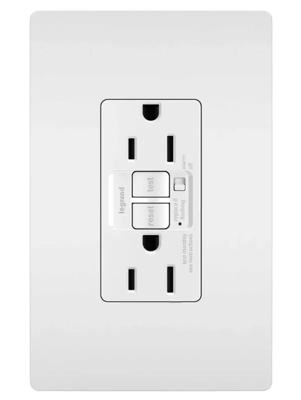 GFCI outlets from the radiant Collection self-test automatically every three seconds to ensure reliable protection from shock due to ground fault occurrences. Meeting National Electrical Code for ground fault protection in the home, GFCI outlets make it easier to fix trips right where they happen €" no more confusion or running to the breaker box. This model includes an optional audible alarm, so trips never go unnoticed, and is great for appliances where loss of power could cause damage, such as freezers and sump pumps. Maximize safety, in style, with GFCI protection featuring the sleek, clean lines of radiant.GFCI protection is required by code in bathrooms, kitchens, garages, basements, outdoor areas, and for any other outlets found within six feet of a sink or water source. GFCI outlets should always be used when replacing existing GFCI outlets during renovation.Made exclusively for use with screwless Wall Plates from the radiant Collection, sold separately. Collection: radiant Finish: White Width: 1.73" Height: 4.20" Length: 1.03" Weight: 0.25 lb Country of Origin: China