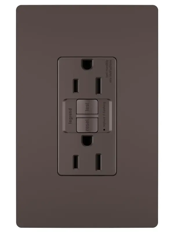 GFCI receptacles from the radiant Collection self-test automatically every three seconds to ensure reliable protection from shock due to ground fault occurrences. Meeting National Electrical Code requirements for ground fault protection, GFCI receptacles make it easier to recognize and fix trips right where they happen €" no more confusion at the breaker box. Maximize safety, in style, with GFCI protection featuring the sleek, clean lines of radiant.GFCI protection is required by code in bathrooms, kitchens, garages, basements, outdoor areas, and for any other outlets found within six feet of a sink or water source. GFCI outlets should always be used when replacing existing GFCI outlets during renovation.Made exclusively for use with screwless Wall Plates from the radiant Collection, sold separately. Spec-Grade devices are engineered to meet federal specifications for use in commercial installations. Collection: radiant Finish: Dark Bronze Width: 1.73" Height: 4.20" Length: 1.13" Weight: 0.34 lb Country of Origin: China