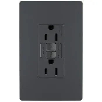 GFCI receptacles from the radiant Collection self-test automatically every three seconds to ensure reliable protection from shock due to ground fault occurrences. Meeting National Electrical Code requirements for ground fault protection, GFCI receptacles make it easier to recognize and fix trips right where they happen €" no more confusion at the breaker box. Maximize safety, in style, with GFCI protection featuring the sleek, clean lines of radiant.GFCI protection is required by code in bathrooms, kitchens, garages, basements, outdoor areas, and for any other outlets found within six feet of a sink or water source. GFCI outlets should always be used when replacing existing GFCI outlets during renovation.Made exclusively for use with screwless Wall Plates from the radiant Collection, sold separately. Spec-Grade devices are engineered to meet federal specifications for use in commercial installations. Collection: radiant Finish: Graphite Width: 1.73" Height: 4.20" Length: 1.13" Weight: 0.39 lb Country of Origin: China