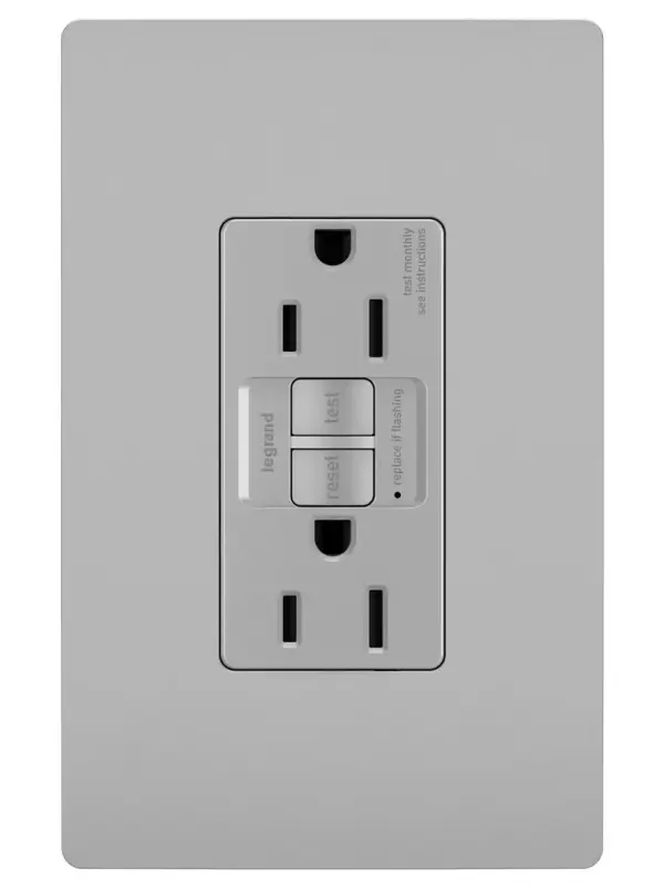 GFCI receptacles from the radiant Collection self-test automatically every three seconds to ensure reliable protection from shock due to ground fault occurrences. Meeting National Electrical Code requirements for ground fault protection, GFCI receptacles make it easier to recognize and fix trips right where they happen €" no more confusion at the breaker box. Maximize safety, in style, with GFCI protection featuring the sleek, clean lines of radiant.GFCI protection is required by code in bathrooms, kitchens, garages, basements, outdoor areas, and for any other outlets found within six feet of a sink or water source. GFCI outlets should always be used when replacing existing GFCI outlets during renovation.Made exclusively for use with screwless Wall Plates from the radiant Collection, sold separately. Spec-Grade devices are engineered to meet federal specifications for use in commercial installations. Collection: radiant Finish: Gray Width: 1.73" Height: 4.20" Length: 1.13" Weight: 0.25 lb Country of Origin: China