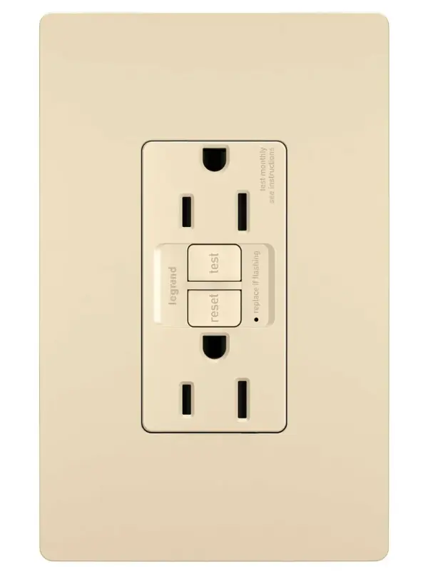 GFCI receptacles from the radiant Collection self-test automatically every three seconds to ensure reliable protection from shock due to ground fault occurrences. Meeting National Electrical Code requirements for ground fault protection, GFCI receptacles make it easier to recognize and fix trips right where they happen €" no more confusion at the breaker box. Maximize safety, in style, with GFCI protection featuring the sleek, clean lines of radiant.GFCI protection is required by code in bathrooms, kitchens, garages, basements, outdoor areas, and for any other outlets found within six feet of a sink or water source. GFCI outlets should always be used when replacing existing GFCI outlets during renovation.Made exclusively for use with screwless Wall Plates from the radiant Collection, sold separately. Spec-Grade devices are engineered to meet federal specifications for use in commercial installations. Collection: radiant Finish: Ivory Width: 1.73" Height: 4.20" Length: 1.13" Weight: 0.25 lb Country of Origin: China