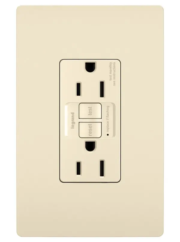 GFCI receptacles from the radiant Collection self-test automatically every three seconds to ensure reliable protection from shock due to ground fault occurrences. Meeting National Electrical Code requirements for ground fault protection, GFCI receptacles make it easier to recognize and fix trips right where they happen €" no more confusion at the breaker box. Maximize safety, in style, with GFCI protection featuring the sleek, clean lines of radiant.GFCI protection is required by code in bathrooms, kitchens, garages, basements, outdoor areas, and for any other outlets found within six feet of a sink or water source. GFCI outlets should always be used when replacing existing GFCI outlets during renovation.Made exclusively for use with screwless Wall Plates from the radiant Collection, sold separately. Spec-Grade devices are engineered to meet federal specifications for use in commercial installations. Collection: radiant Finish: Light Almond Width: 1.73" Height: 4.20" Length: 1.13" Weight: 0.25 lb Country of Origin: China