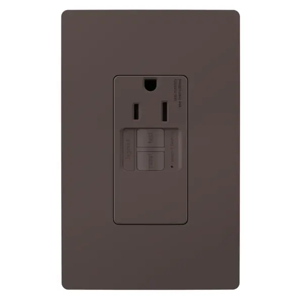 Perfect for providing dedicated power and reliable ground-fault protection, the simplex 15A GFCI features a single, tamper-resistant outlet and self-tests automatically every three seconds for electrical safety you can trust. Meeting the National Electrical Code requirements for ground fault protection in the home, GFCI wall outlets make it easier to fix trips right where they happen €" no more confusion or running to the breaker box. Maximize safety, in style, with GFCI plug protection featuring the sleek, clean lines of radiant.GFCI protection is required by code in bathrooms, kitchens, garages, basements, outdoor areas, and for any other outlets found within six feet of a sink or water source. GFCI outlets should always be used when replacing existing GFCI outlets during renovation.Made exclusively for use with screwless Wall Plates from the radiant Collection, sold separately. Collection: radiant Finish: Brown Width: 1.73" Height: 4.20" Length: 1.03" Weight: 0.25 lb Country of Origin: China