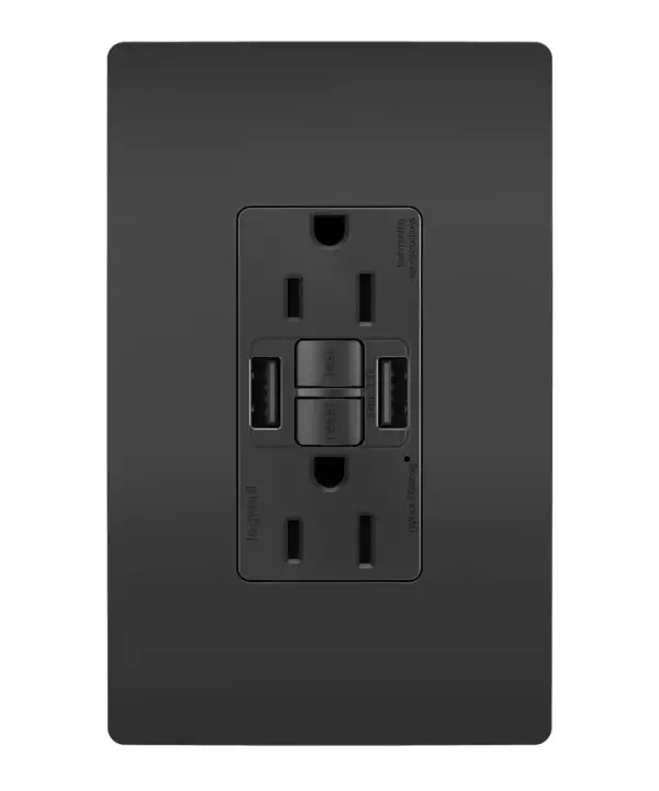 Enjoy superior safety and the convenience of built-in USB charging, in a first-of-its-kind outlet! Perfect for adding modern connectivity anywhere, including areas of the home where ground fault protection is required (kitchens, bathrooms, laundry rooms, etc). This outlet makes it easy to see and reset electrical trips right where they happen, while also providing two USB connections for keeping phones or tablets charged, no bulky adapter required. Made exclusively for use with screwless Wall Plates from the radiant Collection, sold separately. Collection: radiant Finish: Black Width: 1.73" Height: 4.20" Length: 1.03" Weight: 0.30 lb Country of Origin: China