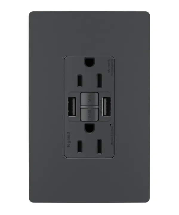 Enjoy superior safety and the convenience of built-in USB charging, in a first-of-its-kind outlet! Perfect for adding modern connectivity anywhere, including areas of the home where ground fault protection is required (kitchens, bathrooms, laundry rooms, etc). This outlet makes it easy to see and reset electrical trips right where they happen, while also providing two USB connections for keeping phones or tablets charged, no bulky adapter required. Made exclusively for use with screwless Wall Plates from the radiant Collection, sold separately. Collection: radiant Finish: Graphite Width: 1.73" Height: 4.20" Length: 1.03" Weight: 0.30 lb Country of Origin: China