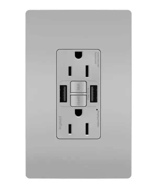 Enjoy superior safety and the convenience of built-in USB charging, in a first-of-its-kind outlet! Perfect for adding modern connectivity anywhere, including areas of the home where ground fault protection is required (kitchens, bathrooms, laundry rooms, etc). This outlet makes it easy to see and reset electrical trips right where they happen, while also providing two USB connections for keeping phones or tablets charged, no bulky adapter required. Made exclusively for use with screwless Wall Plates from the radiant Collection, sold separately. Collection: radiant Finish: Gray Width: 1.73" Height: 4.20" Length: 1.03" Weight: 0.30 lb Country of Origin: China