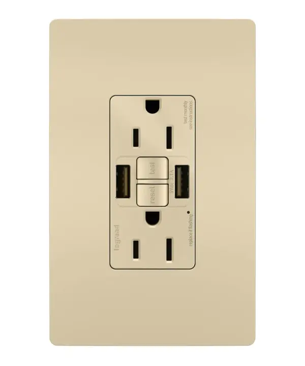 Enjoy superior safety and the convenience of built-in USB charging, in a first-of-its-kind outlet! Perfect for adding modern connectivity anywhere, including areas of the home where ground fault protection is required (kitchens, bathrooms, laundry rooms, etc). This outlet makes it easy to see and reset electrical trips right where they happen, while also providing two USB connections for keeping phones or tablets charged, no bulky adapter required. Made exclusively for use with screwless Wall Plates from the radiant Collection, sold separately. Collection: radiant Finish: Ivory Width: 1.73" Height: 4.20" Length: 1.03" Weight: 0.30 lb Country of Origin: China