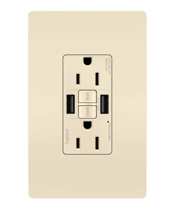 Enjoy superior safety and the convenience of built-in USB charging, in a first-of-its-kind outlet! Perfect for adding modern connectivity anywhere, including areas of the home where ground fault protection is required (kitchens, bathrooms, laundry rooms, etc). This outlet makes it easy to see and reset electrical trips right where they happen, while also providing two USB connections for keeping phones or tablets charged, no bulky adapter required. Made exclusively for use with screwless Wall Plates from the radiant Collection, sold separately. Collection: radiant Finish: Light Almond Width: 1.73" Height: 4.20" Length: 1.03" Weight: 0.30 lb Country of Origin: China