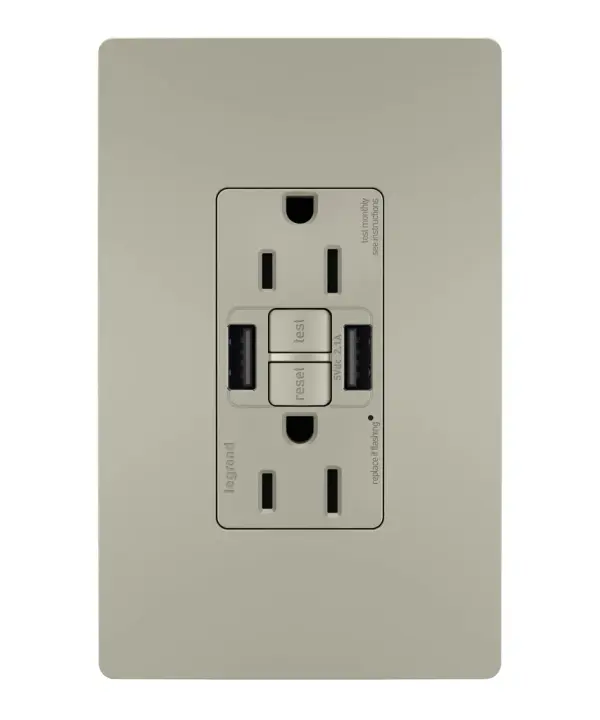 Enjoy superior safety and the convenience of built-in USB charging, in a first-of-its-kind outlet! Perfect for adding modern connectivity anywhere, including areas of the home where ground fault protection is required (kitchens, bathrooms, laundry rooms, etc). This outlet makes it easy to see and reset electrical trips right where they happen, while also providing two USB connections for keeping phones or tablets charged, no bulky adapter required. Made exclusively for use with screwless Wall Plates from the radiant Collection, sold separately. Collection: radiant Finish: Nickel Width: 1.73" Height: 4.20" Length: 1.03" Weight: 0.30 lb Country of Origin: China