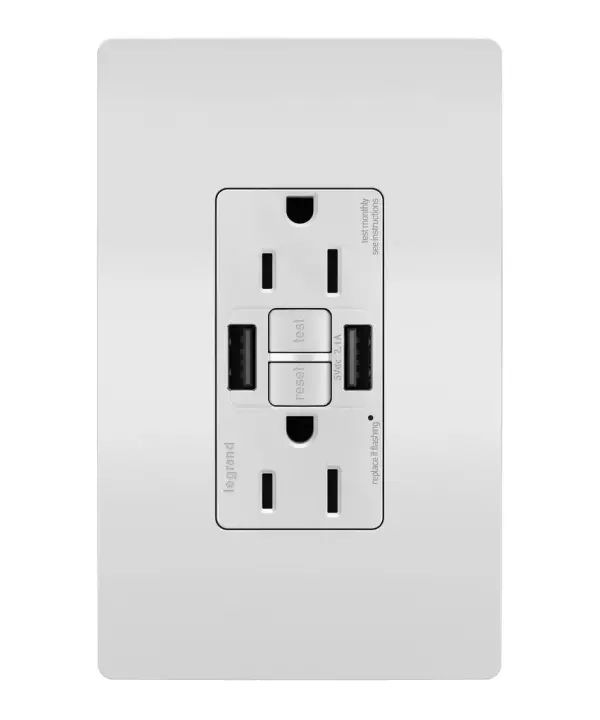 Enjoy superior safety and the convenience of built-in USB charging, in a first-of-its-kind outlet! Perfect for adding modern connectivity anywhere, including areas of the home where ground fault protection is required (kitchens, bathrooms, laundry rooms, etc). This outlet makes it easy to see and reset electrical trips right where they happen, while also providing two USB connections for keeping phones or tablets charged, no bulky adapter required. Made exclusively for use with screwless Wall Plates from the radiant Collection, sold separately. Collection: radiant Finish: White Width: 1.73" Height: 4.20" Length: 1.03" Country of Origin: China