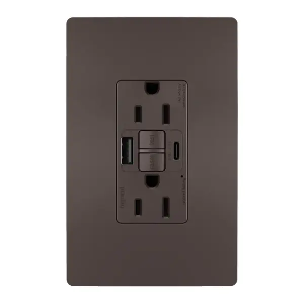 Enjoy superior safety and the convenience of built-in USB charging, in a first-of-its-kind outlet! Perfect for adding modern connectivity anywhere, including areas of the home where ground fault protection is required (kitchens, bathrooms, laundry rooms, etc). This outlet makes it easy to see and reset electrical trips right where they happen, while also providing two USB connections for keeping phones or tablets charged, no bulky adapter required. Made exclusively for use with screwless Wall Plates from the radiant Collection, sold separately. Collection: radiant Finish: Brown Width: 1.73" Height: 4.20" Length: 1.03" Weight: 0.30 lb Country of Origin: China