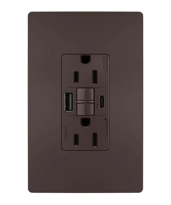 Enjoy superior safety and the convenience of built-in USB charging, in a first-of-its-kind outlet! Perfect for adding modern connectivity anywhere, including areas of the home where ground fault protection is required (kitchens, bathrooms, laundry rooms, etc). This outlet makes it easy to see and reset electrical trips right where they happen, while also providing two USB connections for keeping phones or tablets charged, no bulky adapter required. Made exclusively for use with screwless Wall Plates from the radiant Collection, sold separately. Collection: radiant Finish: Dark Bronze Width: 1.73" Height: 4.20" Length: 1.03" Weight: 0.30 lb Country of Origin: China