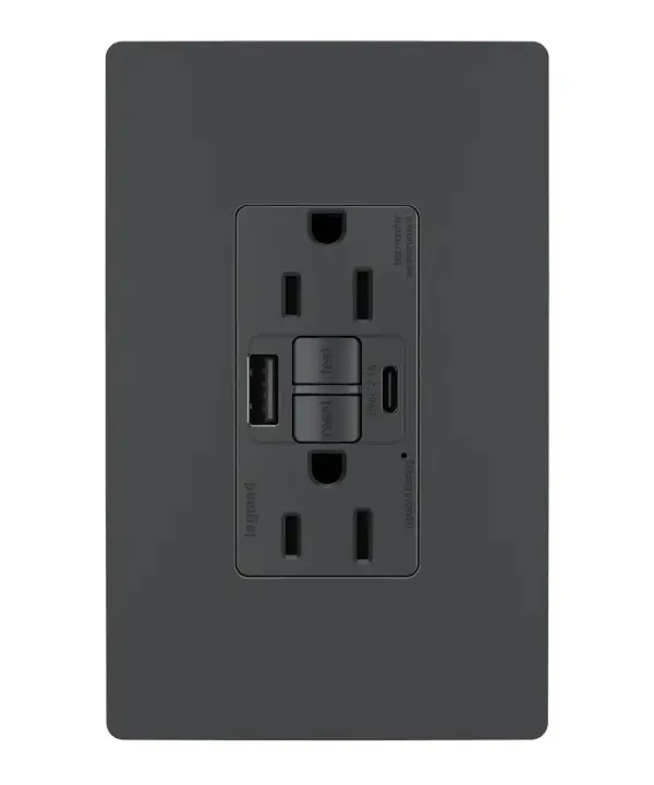 Enjoy superior safety and the convenience of built-in USB charging, in a first-of-its-kind outlet! Perfect for adding modern connectivity anywhere, including areas of the home where ground fault protection is required (kitchens, bathrooms, laundry rooms, etc). This outlet makes it easy to see and reset electrical trips right where they happen, while also providing two USB connections for keeping phones or tablets charged, no bulky adapter required. Made exclusively for use with screwless Wall Plates from the radiant Collection, sold separately. Collection: radiant Finish: Graphite Width: 1.73" Height: 4.20" Length: 1.03" Weight: 0.30 lb Country of Origin: China