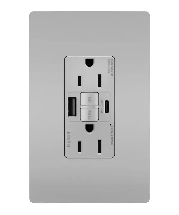 Enjoy superior safety and the convenience of built-in USB charging, in a first-of-its-kind outlet! Perfect for adding modern connectivity anywhere, including areas of the home where ground fault protection is required (kitchens, bathrooms, laundry rooms, etc). This outlet makes it easy to see and reset electrical trips right where they happen, while also providing two USB connections for keeping phones or tablets charged, no bulky adapter required. Made exclusively for use with screwless Wall Plates from the radiant Collection, sold separately. Collection: radiant Finish: Gray Width: 1.73" Height: 4.20" Length: 1.03" Weight: 0.30 lb Country of Origin: China