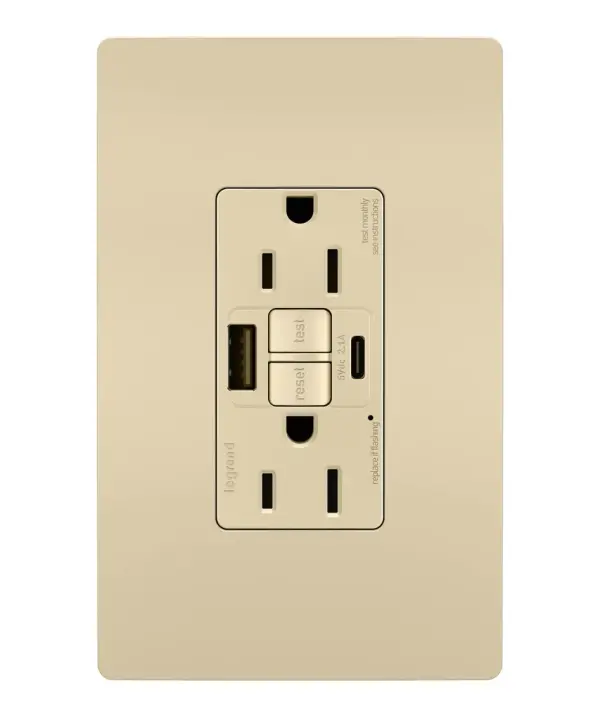 Enjoy superior safety and the convenience of built-in USB charging, in a first-of-its-kind outlet! Perfect for adding modern connectivity anywhere, including areas of the home where ground fault protection is required (kitchens, bathrooms, laundry rooms, etc). This outlet makes it easy to see and reset electrical trips right where they happen, while also providing two USB connections for keeping phones or tablets charged, no bulky adapter required. Made exclusively for use with screwless Wall Plates from the radiant Collection, sold separately. Collection: radiant Finish: Ivory Width: 1.73" Height: 4.20" Length: 1.03" Weight: 0.30 lb Country of Origin: China