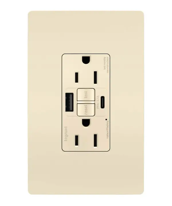 Enjoy superior safety and the convenience of built-in USB charging, in a first-of-its-kind outlet! Perfect for adding modern connectivity anywhere, including areas of the home where ground fault protection is required (kitchens, bathrooms, laundry rooms, etc). This outlet makes it easy to see and reset electrical trips right where they happen, while also providing two USB connections for keeping phones or tablets charged, no bulky adapter required. Made exclusively for use with screwless Wall Plates from the radiant Collection, sold separately. Collection: radiant Finish: Light Almond Width: 1.73" Height: 4.20" Length: 1.03" Weight: 0.30 lb Country of Origin: China