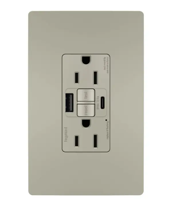 Enjoy superior safety and the convenience of built-in USB charging, in a first-of-its-kind outlet! Perfect for adding modern connectivity anywhere, including areas of the home where ground fault protection is required (kitchens, bathrooms, laundry rooms, etc). This outlet makes it easy to see and reset electrical trips right where they happen, while also providing two USB connections for keeping phones or tablets charged, no bulky adapter required. Made exclusively for use with screwless Wall Plates from the radiant Collection, sold separately. Collection: radiant Finish: Nickel Width: 1.73" Height: 4.20" Length: 1.03" Weight: 0.30 lb Country of Origin: China