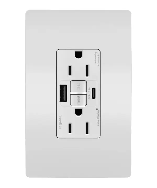 Enjoy superior safety and the convenience of built-in USB charging, in a first-of-its-kind outlet! Perfect for adding modern connectivity anywhere, including areas of the home where ground fault protection is required (kitchens, bathrooms, laundry rooms, etc). This outlet makes it easy to see and reset electrical trips right where they happen, while also providing two USB connections for keeping phones or tablets charged, no bulky adapter required. Made exclusively for use with screwless Wall Plates from the radiant Collection, sold separately. Collection: radiant Finish: White Width: 1.73" Height: 4.20" Length: 1.03" Weight: 0.30 lb Country of Origin: China
