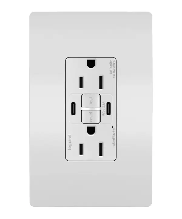 Enjoy superior safety and the convenience of built-in USB charging, in a first-of-its-kind outlet! Perfect for adding modern connectivity anywhere, including areas of the home where ground fault protection is required (kitchens, bathrooms, laundry rooms, etc). This outlet makes it easy to see and reset electrical trips right where they happen, while also providing two USB connections for keeping phones or tablets charged, no bulky adapter required. Made exclusively for use with screwless Wall Plates from the radiant Collection, sold separately. Collection: radiant Finish: White Width: 1.73" Height: 4.20" Length: 1.03" Weight: 0.30 lb Country of Origin: China