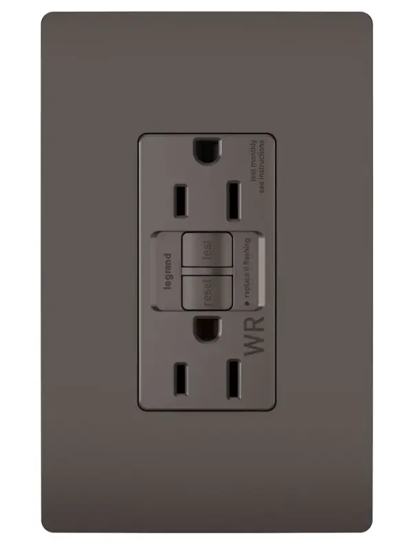 GFCI receptacles from the radiant Collection self-test automatically every three seconds to ensure reliable protection from shock due to ground fault occurrences. Meeting National Electrical Code requirements for ground fault protection, GFCI receptacles make it easier to recognize and fix trips right where they happen €" no more confusion at the breaker box. Also including tamper and weather resistance, this model was designed for use on decks, patios, pool areas, and other outdoor spaces. Maximize safety, in style, with GFCI protection featuring the sleek, clean lines of radiant. GFCI protection is required by code in bathrooms, kitchens, garages, basements, outdoor areas, and for any other outlets found within six feet of a sink or water source. GFCI outlets should always be used when replacing existing GFCI outlets during renovation. Made exclusively for use with screwless Wall Plates from the radiant Collection, sold separately. Spec-Grade devices are engineered to meet federal specifications for use in commercial installations.Made exclusively for use with screwless Wall Plates from the radiant Collection, sold separately. Collection: radiant Finish: Brown Width: 1.73" Height: 4.20" Length: 1.13" Weight: 0.25 lb Country of Origin: China