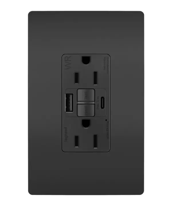 Enjoy superior safety and the convenience of built-in USB charging, in a first-of-its-kind outlet! Perfect for adding modern connectivity anywhere, including areas of the home where ground fault protection is required. Also including tamper and weather resistance, this model was designed for use on decks, patios, pool areas, and other outdoor spaces. Easily see and reset electrical trips right where they happen, while gaining two USB connections for keeping phones or tablets charged, no bulky adapter necessary.Made exclusively for use with screwless Wall Plates from the radiant Collection, sold separately. Collection: radiant Finish: Black Width: 1.73" Height: 4.20" Length: 2.13" Weight: 0.30 lb Country of Origin: China