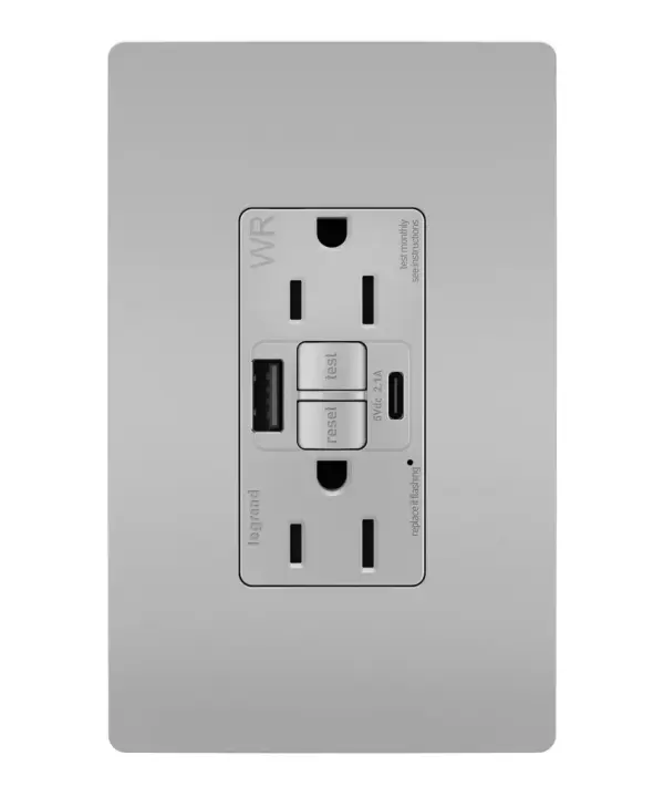 Enjoy superior safety and the convenience of built-in USB charging, in a first-of-its-kind outlet! Perfect for adding modern connectivity anywhere, including areas of the home where ground fault protection is required. Also including tamper and weather resistance, this model was designed for use on decks, patios, pool areas, and other outdoor spaces. Easily see and reset electrical trips right where they happen, while gaining two USB connections for keeping phones or tablets charged, no bulky adapter necessary.Made exclusively for use with screwless Wall Plates from the radiant Collection, sold separately. Collection: radiant Finish: Gray Width: 1.73" Height: 4.20" Length: 2.13" Weight: 0.30 lb Country of Origin: China