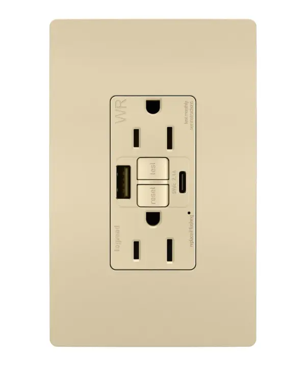 Enjoy superior safety and the convenience of built-in USB charging, in a first-of-its-kind outlet! Perfect for adding modern connectivity anywhere, including areas of the home where ground fault protection is required. Also including tamper and weather resistance, this model was designed for use on decks, patios, pool areas, and other outdoor spaces. Easily see and reset electrical trips right where they happen, while gaining two USB connections for keeping phones or tablets charged, no bulky adapter necessary.Made exclusively for use with screwless Wall Plates from the radiant Collection, sold separately. Collection: radiant Finish: Ivory Width: 1.73" Height: 4.20" Length: 2.13" Weight: 0.30 lb Country of Origin: China