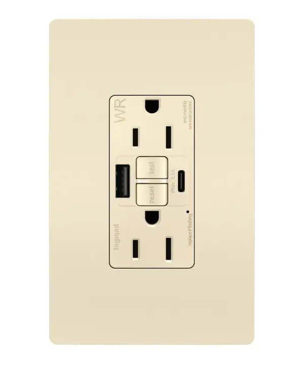 Enjoy superior safety and the convenience of built-in USB charging, in a first-of-its-kind outlet! Perfect for adding modern connectivity anywhere, including areas of the home where ground fault protection is required. Also including tamper and weather resistance, this model was designed for use on decks, patios, pool areas, and other outdoor spaces. Easily see and reset electrical trips right where they happen, while gaining two USB connections for keeping phones or tablets charged, no bulky adapter necessary.Made exclusively for use with screwless Wall Plates from the radiant Collection, sold separately. Collection: radiant Finish: Light Almond Width: 1.73" Height: 4.20" Length: 2.13" Weight: 0.30 lb Country of Origin: China