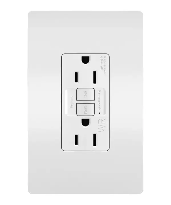 GFCI receptacles from the radiant Collection self-test automatically every three seconds to ensure reliable protection from shock due to ground fault occurrences. Meeting National Electrical Code requirements for ground fault protection, GFCI receptacles make it easier to recognize and fix trips right where they happen €" no more confusion at the breaker box. Also including tamper and weather resistance, this model was designed for use on decks, patios, pool areas, and other outdoor spaces. Maximize safety, in style, with GFCI protection featuring the sleek, clean lines of radiant. GFCI protection is required by code in bathrooms, kitchens, garages, basements, outdoor areas, and for any other outlets found within six feet of a sink or water source. GFCI outlets should always be used when replacing existing GFCI outlets during renovation. Made exclusively for use with screwless Wall Plates from the radiant Collection, sold separately. Spec-Grade devices are engineered to meet federal specifications for use in commercial installations.Made exclusively for use with screwless Wall Plates from the radiant Collection, sold separately. Collection: radiant Finish: White Width: 1.73" Height: 4.20" Length: 1.13" Weight: 0.25 lb Country of Origin: China