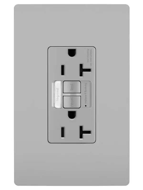 Ideal for replacing outlets by kitchen or bathroom sinks, this combination device from the radiant Collection includes a tamper-resistant GFCI outlet paired with a sealed, built-in LED light which automatically turns on in the dark for easier nighttime navigation. Designed for safety, this self-testing GFCI outlet complies with National Electrical Code and makes trips easier to recognize and fix than GFCI breaker alternatives, thanks to accessible indicator light and reset button right on the outlet. 20A outlets are ideal for use with larger appliances, as well as to meet regional requirements (Chicago, Canada). Made exclusively for use with screwless Wall Plates from the radiant Collection, sold separately. Collection: radiant Finish: Gray Width: 1.73" Height: 4.20" Length: 1.03" Weight: 0.25 lb Country of Origin: China