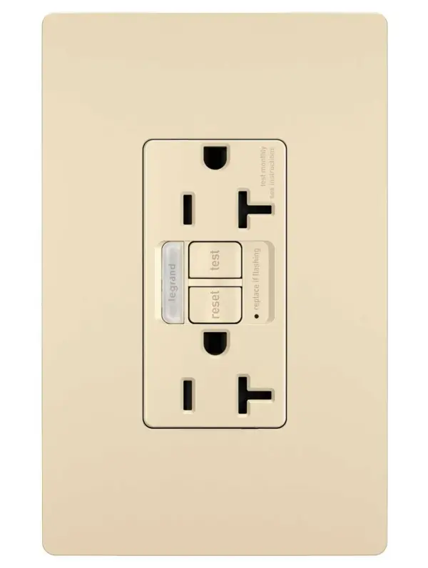Ideal for replacing outlets by kitchen or bathroom sinks, this combination device from the radiant Collection includes a tamper-resistant GFCI outlet paired with a sealed, built-in LED light which automatically turns on in the dark for easier nighttime navigation. Designed for safety, this self-testing GFCI outlet complies with National Electrical Code and makes trips easier to recognize and fix than GFCI breaker alternatives, thanks to accessible indicator light and reset button right on the outlet. 20A outlets are ideal for use with larger appliances, as well as to meet regional requirements (Chicago, Canada). Made exclusively for use with screwless Wall Plates from the radiant Collection, sold separately. Collection: radiant Finish: Ivory Width: 1.73" Height: 4.20" Length: 1.03" Weight: 0.25 lb Country of Origin: China