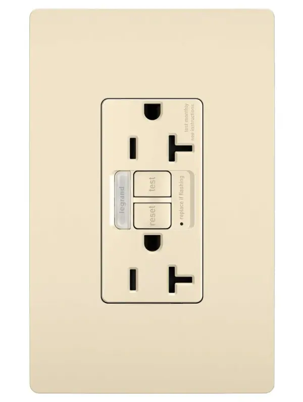 Ideal for replacing outlets by kitchen or bathroom sinks, this combination device from the radiant Collection includes a tamper-resistant GFCI outlet paired with a sealed, built-in LED light which automatically turns on in the dark for easier nighttime navigation. Designed for safety, this self-testing GFCI outlet complies with National Electrical Code and makes trips easier to recognize and fix than GFCI breaker alternatives, thanks to accessible indicator light and reset button right on the outlet. 20A outlets are ideal for use with larger appliances, as well as to meet regional requirements (Chicago, Canada). Made exclusively for use with screwless Wall Plates from the radiant Collection, sold separately. Collection: radiant Finish: Light Almond Width: 1.73" Height: 4.20" Length: 1.03" Weight: 0.25 lb Country of Origin: China