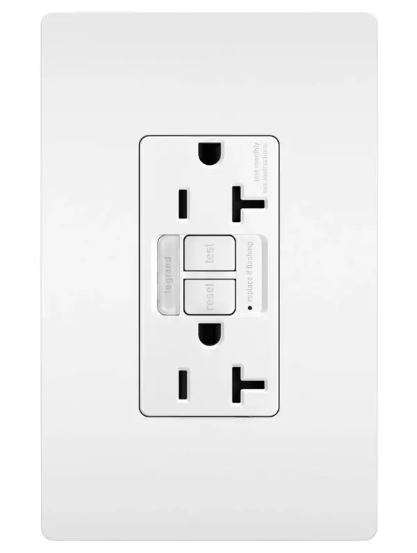 Ideal for replacing outlets by kitchen or bathroom sinks, this combination device from the radiant Collection includes a tamper-resistant GFCI outlet paired with a sealed, built-in LED light which automatically turns on in the dark for easier nighttime navigation. Designed for safety, this self-testing GFCI outlet complies with National Electrical Code and makes trips easier to recognize and fix than GFCI breaker alternatives, thanks to accessible indicator light and reset button right on the outlet. 20A outlets are ideal for use with larger appliances, as well as to meet regional requirements (Chicago, Canada). Made exclusively for use with screwless Wall Plates from the radiant Collection, sold separately. Collection: radiant Finish: White Width: 1.73" Height: 4.20" Length: 1.03" Weight: 0.25 lb Country of Origin: China