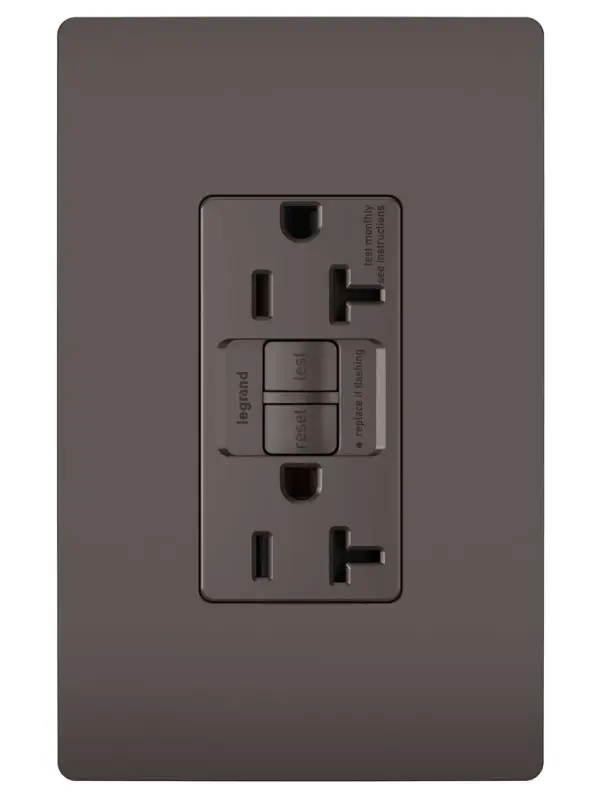 GFCI receptacles from the radiant Collection self-test automatically every three seconds to ensure reliable protection from shock due to ground fault occurrences. Meeting National Electrical Code requirements for ground fault protection, GFCI receptacles make it easier to recognize and fix trips right where they happen €" no more confusion at the breaker box. 20A outlets are ideal for use with larger appliances and in commercial settings, as well as to meet regional requirements (Chicago, Canada).GFCI protection is required by code in bathrooms, kitchens, garages, basements, outdoor areas, and for any other outlets found within six feet of a sink or water source. GFCI outlets should always be used when replacing existing GFCI outlets during renovation.Made exclusively for use with screwless Wall Plates from the radiant Collection, sold separately.Spec-Grade devices are engineered to meet federal specifications for use in commercial installations. Collection: radiant Finish: Brown Width: 1.73" Height: 4.20" Length: 1.13" Weight: 0.25 lb Country of Origin: China