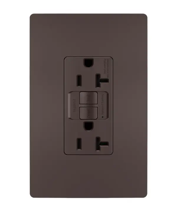 GFCI receptacles from the radiant Collection self-test automatically every three seconds to ensure reliable protection from shock due to ground fault occurrences. Meeting National Electrical Code requirements for ground fault protection, GFCI receptacles make it easier to recognize and fix trips right where they happen €" no more confusion at the breaker box. 20A outlets are ideal for use with larger appliances and in commercial settings, as well as to meet regional requirements (Chicago, Canada).GFCI protection is required by code in bathrooms, kitchens, garages, basements, outdoor areas, and for any other outlets found within six feet of a sink or water source. GFCI outlets should always be used when replacing existing GFCI outlets during renovation.Made exclusively for use with screwless Wall Plates from the radiant Collection, sold separately.Spec-Grade devices are engineered to meet federal specifications for use in commercial installations. Collection: radiant Finish: Dark Bronze Width: 1.73" Height: 4.20" Length: 1.13" Weight: 0.27 lb Country of Origin: China