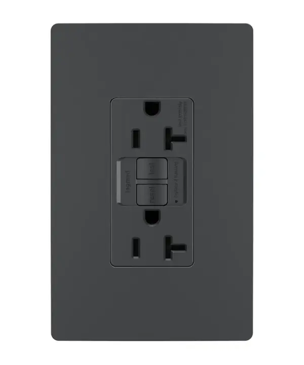 GFCI receptacles from the radiant Collection self-test automatically every three seconds to ensure reliable protection from shock due to ground fault occurrences. Meeting National Electrical Code requirements for ground fault protection, GFCI receptacles make it easier to recognize and fix trips right where they happen €" no more confusion at the breaker box. 20A outlets are ideal for use with larger appliances and in commercial settings, as well as to meet regional requirements (Chicago, Canada).GFCI protection is required by code in bathrooms, kitchens, garages, basements, outdoor areas, and for any other outlets found within six feet of a sink or water source. GFCI outlets should always be used when replacing existing GFCI outlets during renovation.Made exclusively for use with screwless Wall Plates from the radiant Collection, sold separately.Spec-Grade devices are engineered to meet federal specifications for use in commercial installations. Collection: radiant Finish: Graphite Width: 1.73" Height: 4.20" Length: 1.13" Weight: 0.27 lb Country of Origin: China