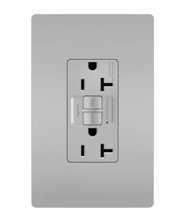 GFCI receptacles from the radiant Collection self-test automatically every three seconds to ensure reliable protection from shock due to ground fault occurrences. Meeting National Electrical Code requirements for ground fault protection, GFCI receptacles make it easier to recognize and fix trips right where they happen €" no more confusion at the breaker box. 20A outlets are ideal for use with larger appliances and in commercial settings, as well as to meet regional requirements (Chicago, Canada).GFCI protection is required by code in bathrooms, kitchens, garages, basements, outdoor areas, and for any other outlets found within six feet of a sink or water source. GFCI outlets should always be used when replacing existing GFCI outlets during renovation.Made exclusively for use with screwless Wall Plates from the radiant Collection, sold separately.Spec-Grade devices are engineered to meet federal specifications for use in commercial installations. Collection: radiant Finish: Gray Width: 1.73" Height: 4.20" Length: 1.13" Weight: 0.25 lb Country of Origin: China