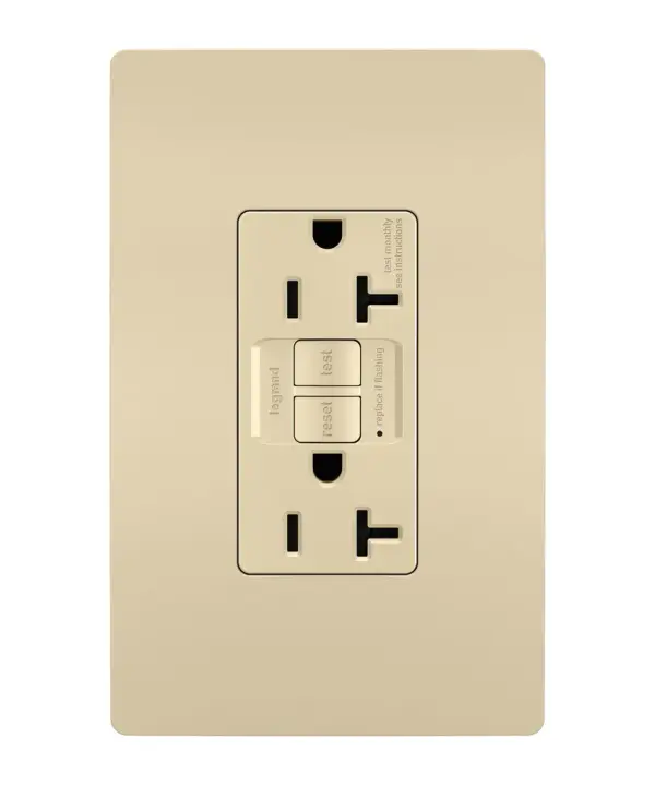 GFCI receptacles from the radiant Collection self-test automatically every three seconds to ensure reliable protection from shock due to ground fault occurrences. Meeting National Electrical Code requirements for ground fault protection, GFCI receptacles make it easier to recognize and fix trips right where they happen €" no more confusion at the breaker box. 20A outlets are ideal for use with larger appliances and in commercial settings, as well as to meet regional requirements (Chicago, Canada).GFCI protection is required by code in bathrooms, kitchens, garages, basements, outdoor areas, and for any other outlets found within six feet of a sink or water source. GFCI outlets should always be used when replacing existing GFCI outlets during renovation.Made exclusively for use with screwless Wall Plates from the radiant Collection, sold separately.Spec-Grade devices are engineered to meet federal specifications for use in commercial installations. Collection: radiant Finish: Ivory Width: 1.73" Height: 4.20" Length: 1.13" Weight: 0.25 lb Country of Origin: China
